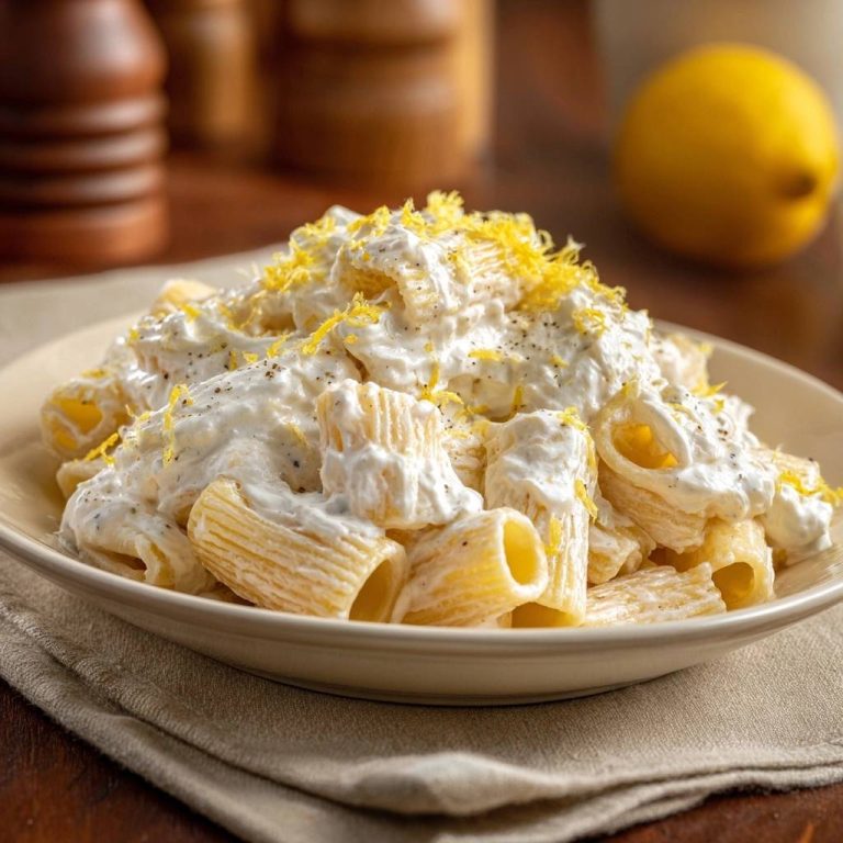 Cremige Zitronen-Ricotta-Rigatoni in Nahaufnahme, garniert mit Zitronenschale und frisch gemahlenem Pfeffer, serviert auf einem hellen Teller.
