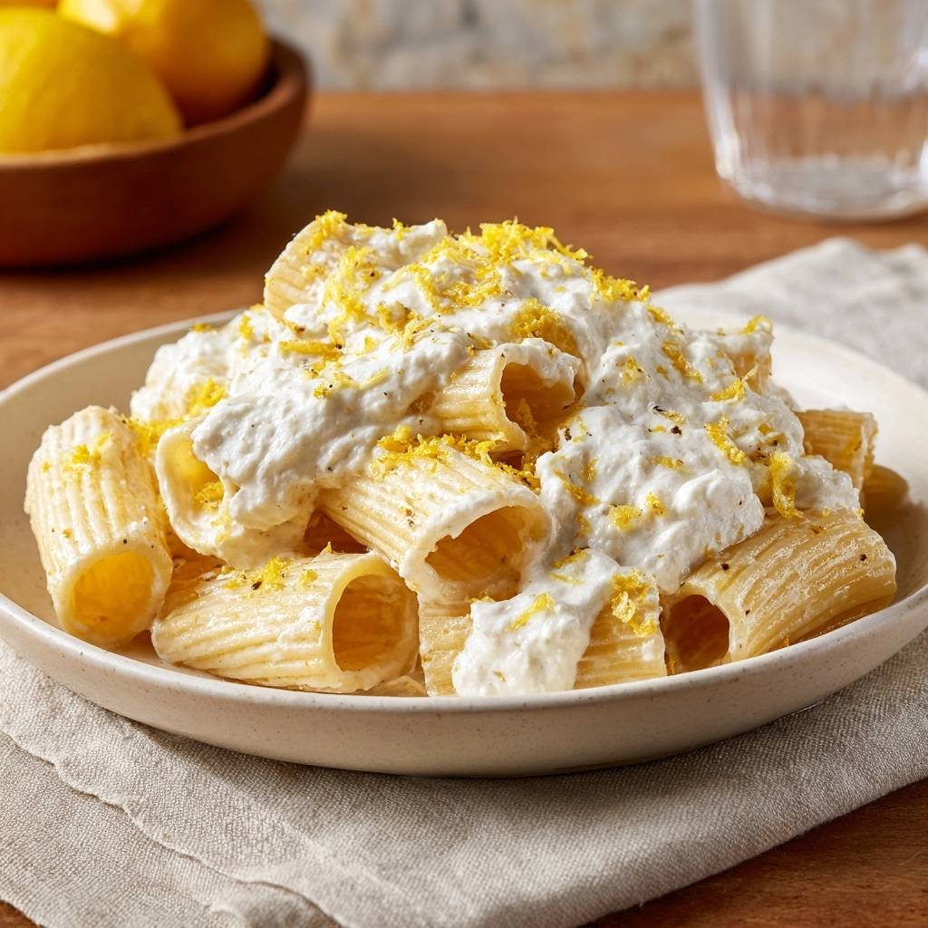 Cremige Zitronen-Ricotta-Rigatoni serviert in einer Schüssel, garniert mit Zitronenschale. Das leckere Gericht wird auf einem rustikalen Holztisch präsentiert.
