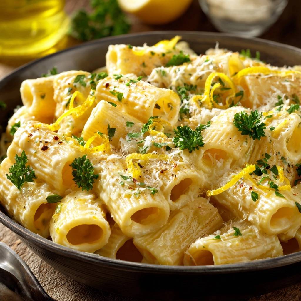 Cremige Zitronen Rigatoni Nahaufnahme Serviert 1 Cremige Zitronen-Rigatoni in einer Nahaufnahme serviert, garniert mit frischer Petersilie und Zitronenzesten. Ein köstliches Pastagericht für Liebhaber von Zitrusaromen.