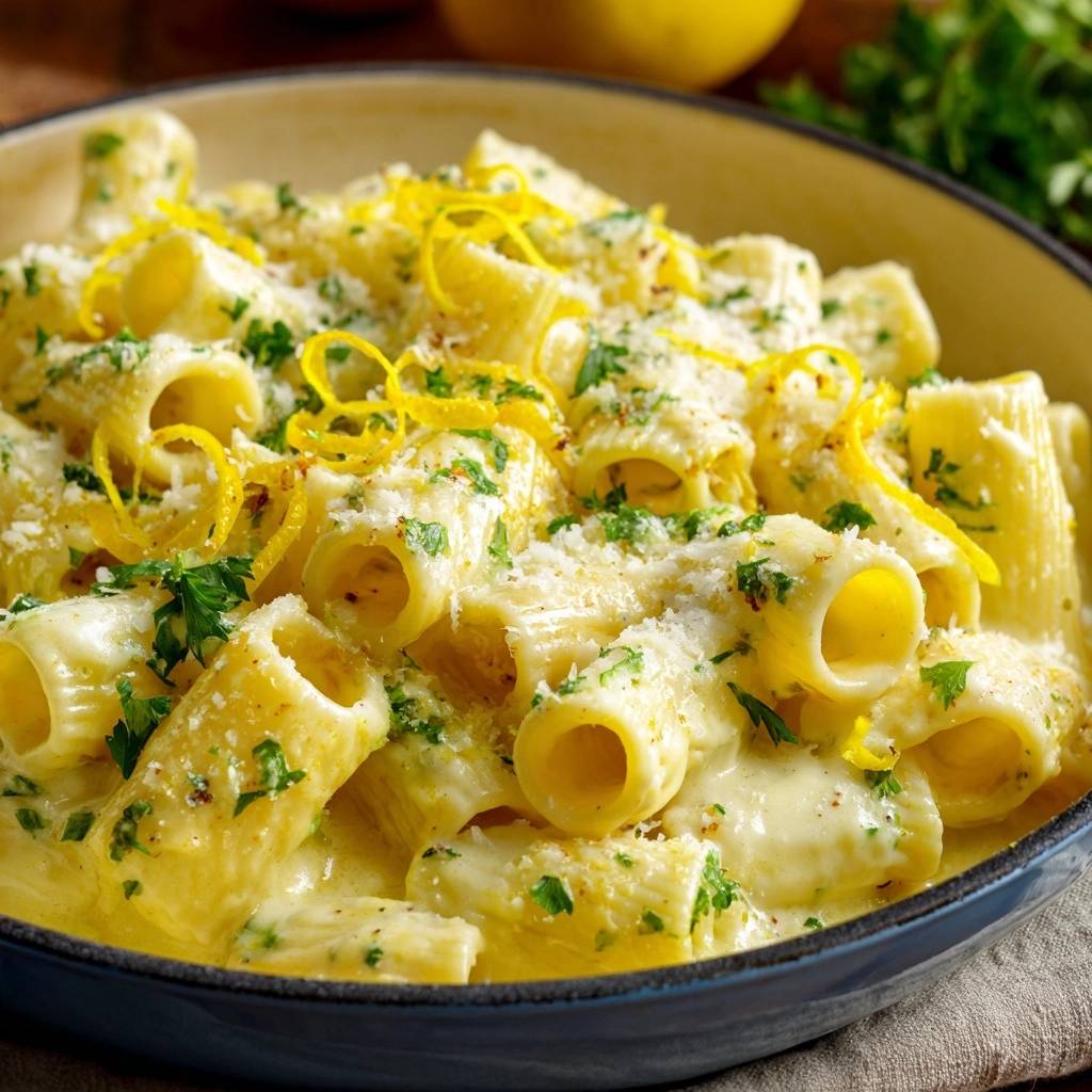 Cremige Zitronen-Rigatoni in Nahaufnahme, garniert mit Zitronenzesten und frischer Petersilie, serviert in einer cremigen Soße.