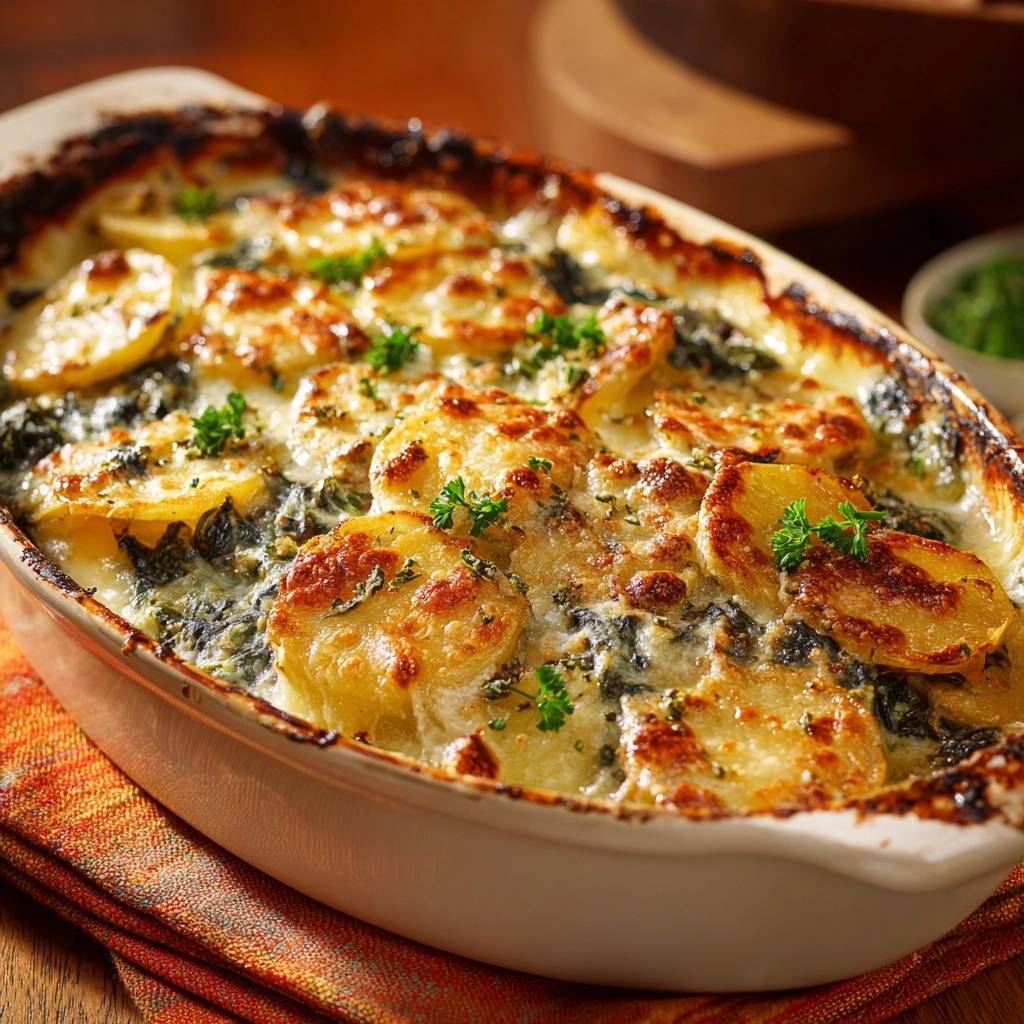 Cremigem Kartoffel Spinat Gratin Draufsicht 1 Cremiges Kartoffel-Spinat-Gratin in einer Auflaufform, von oben betrachtet, mit goldbraun gebackenen Kartoffelscheiben und Kräutern garniert.
