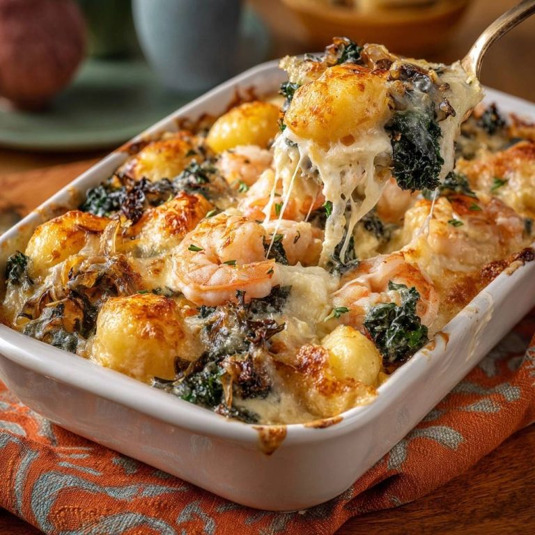 Cremiger Gnocchi-Garnelen-Auflauf mit schmelzendem Käse, der sich von einer Gabel abhebt und für ein unwiderstehliches Gericht sorgt.