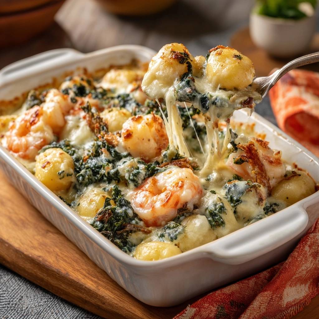Cremiger Gnocchi-Garnelen-Auflauf in Nahaufnahme, wobei der geschmolzene Käse zwischen Gnocchi, Garnelen und Spinatfäden zieht.