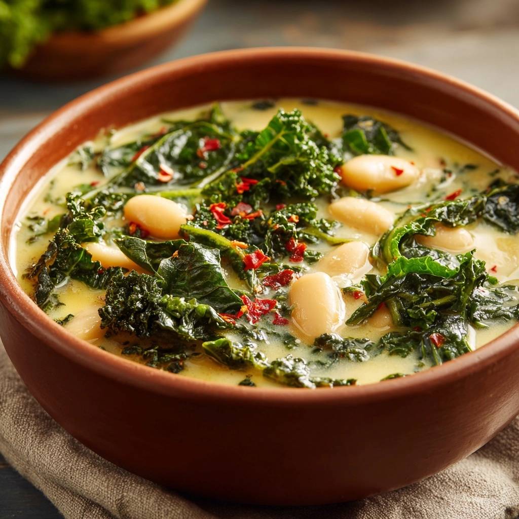 Cremiger Grünkohl-Bohnen-Eintopf in einer rustikalen Schale: Nahaufnahme zeigt die cremige Konsistenz und die frischen Zutaten.