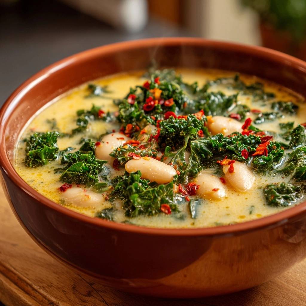 Cremiger Grünkohl-Bohnen-Eintopf ohne Mehl, serviert in einer rustikalen Schüssel, mit dampfender Wärme und frischen Kräutern garniert.