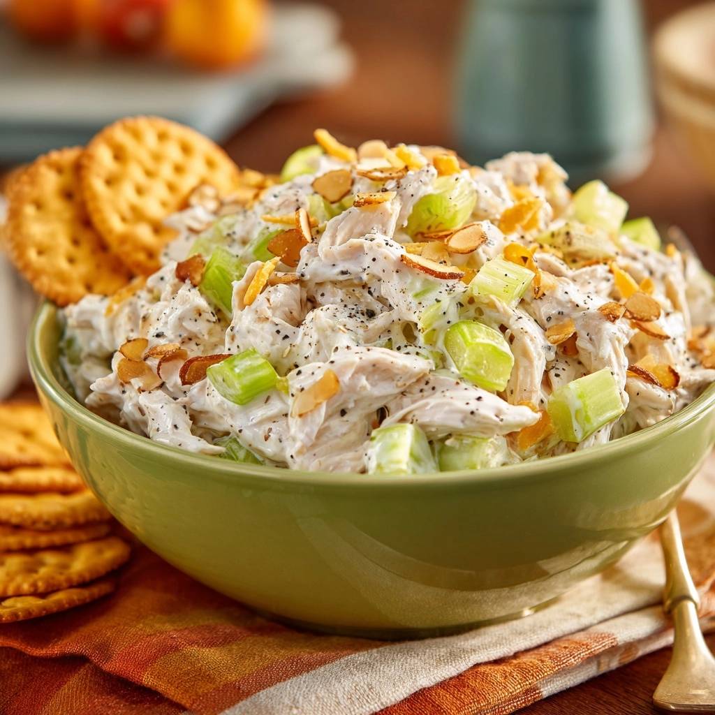Cremiger Hähnchen-Salat mit Mandeln serviert in einer grünen Schüssel, garniert mit gerösteten Mandelsplittern und frischer Petersilie.