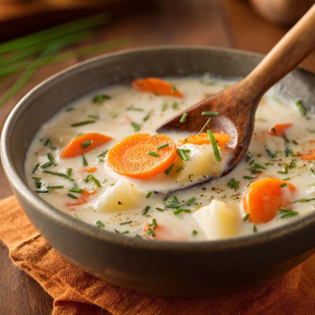 Cremiger Kartoffel-Möhren-Eintopf in einer Schüssel mit einem Holzlöffel, der die cremige Suppe mit Karotten und Kräutern zeigt.