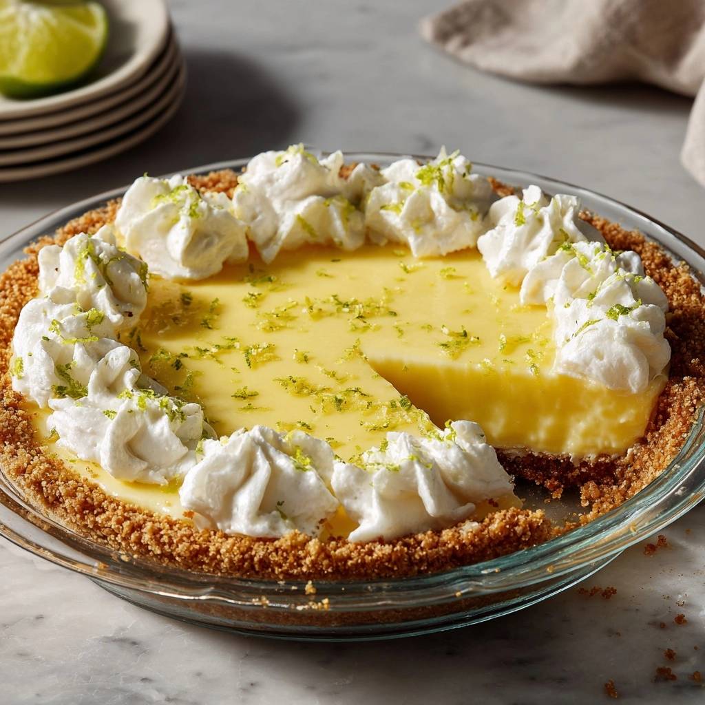 Cremiger Key Lime Pie Angeschnitten 1 Cremiger Key Lime Pie, angeschnitten, zeigt eine großzügige Scheibe, die auf einem knusprigen Keksboden serviert wird. Mit Sahne garniert.