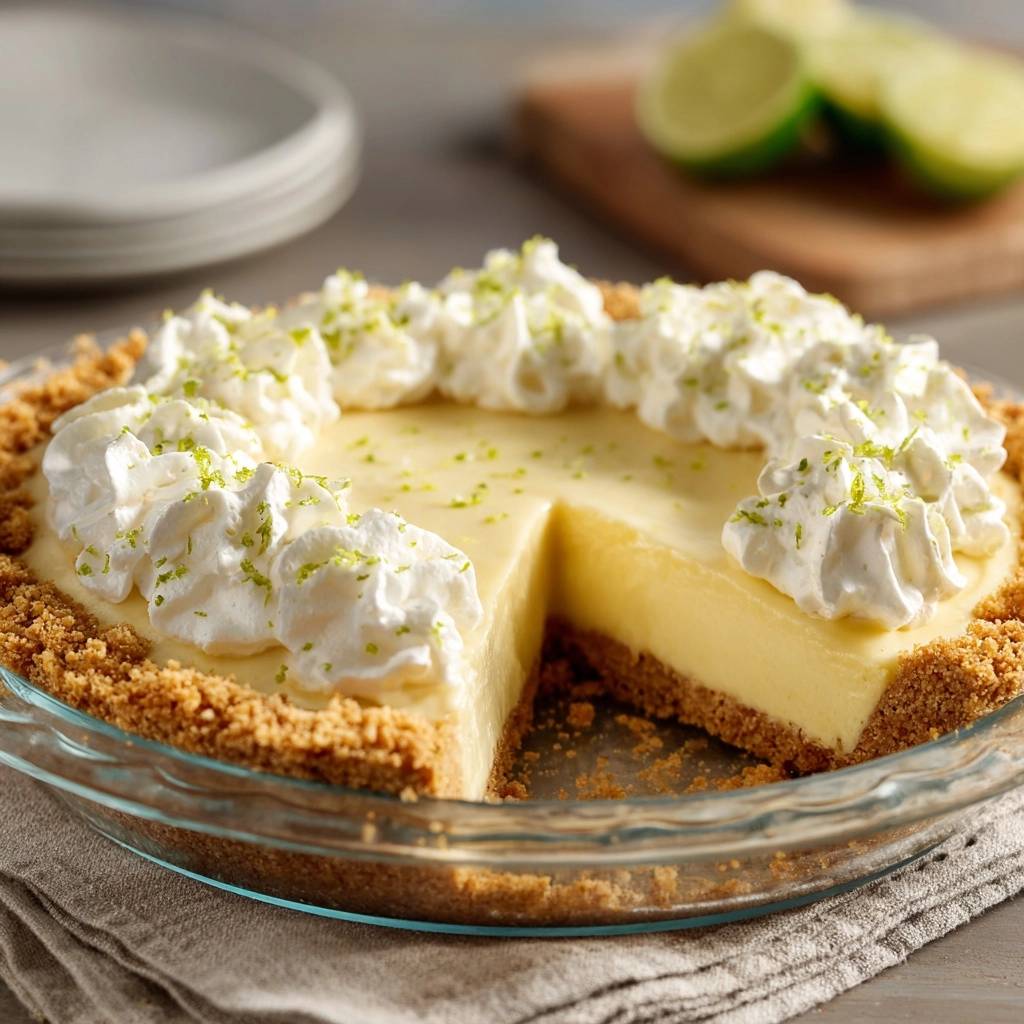 Cremiger Key Lime Pie, angeschnitten, zeigt einen saftigen Querschnitt mit cremiger Füllung und frischer Sahnehaube. Dazu ein knuspriger Keksboden.