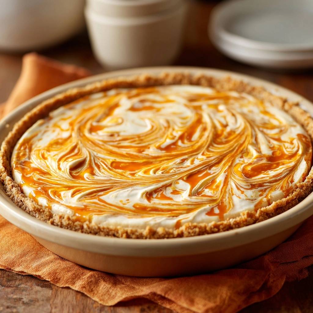 Cremiger Kuerbis Swirl Kuchen Draufsicht Swirl 1 Cremiger Kürbis-Swirl-Kuchen von oben, mit einem wunderschönen Swirl aus Kürbispüree und cremiger Füllung, serviert in einer Kuchenform.