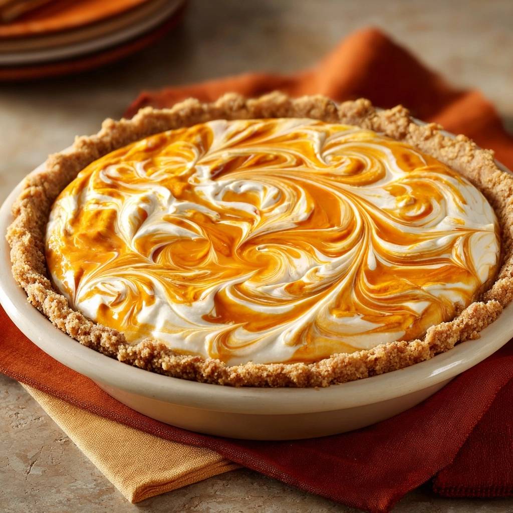 Cremiger Kürbis-Swirl-Kuchen in einer Auflaufform, mit einem aufwändigen Swirl-Muster auf der cremigen Oberfläche, von oben fotografiert.