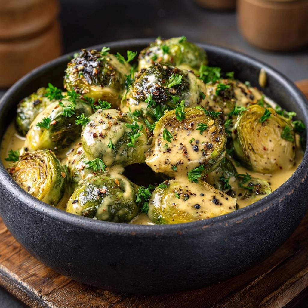 Cremiger Rosenkohl mit Senf-Vinaigrette in einer schwarzen Schüssel, garniert mit frischer Petersilie, in Nahaufnahme. Der cremig-gelbe Sud bedeckt die Röschen.