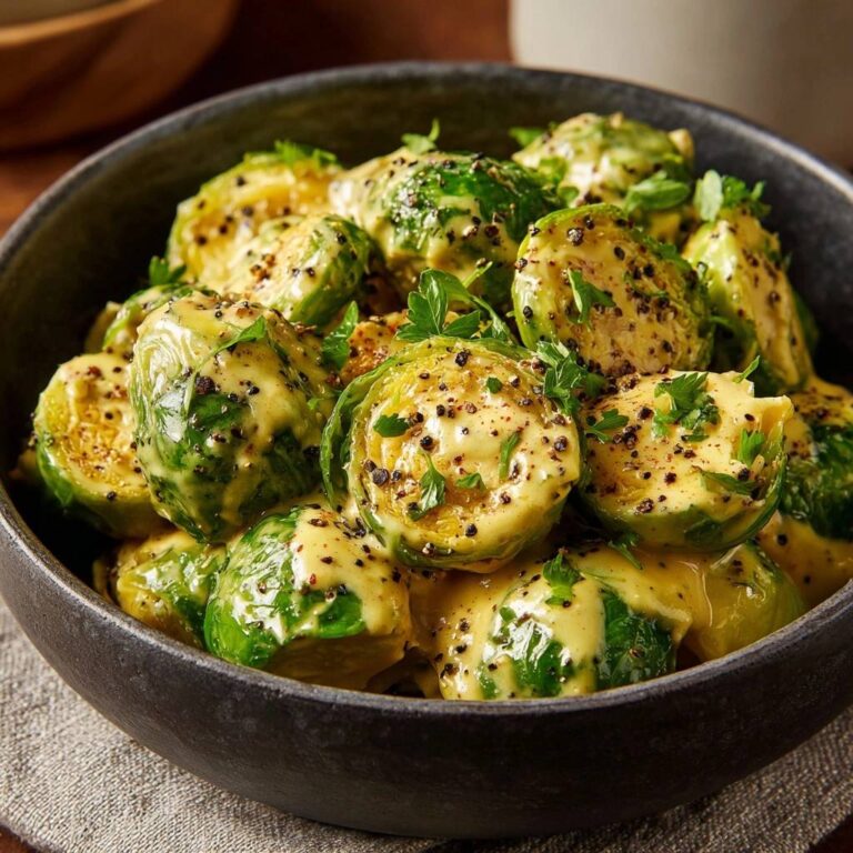 Cremiger Rosenkohl mit Senf-Vinaigrette in Nahaufnahme: Die cremige Senf-Vinaigrette bedeckt die Röschen und ist mit Pfeffer bestreut.