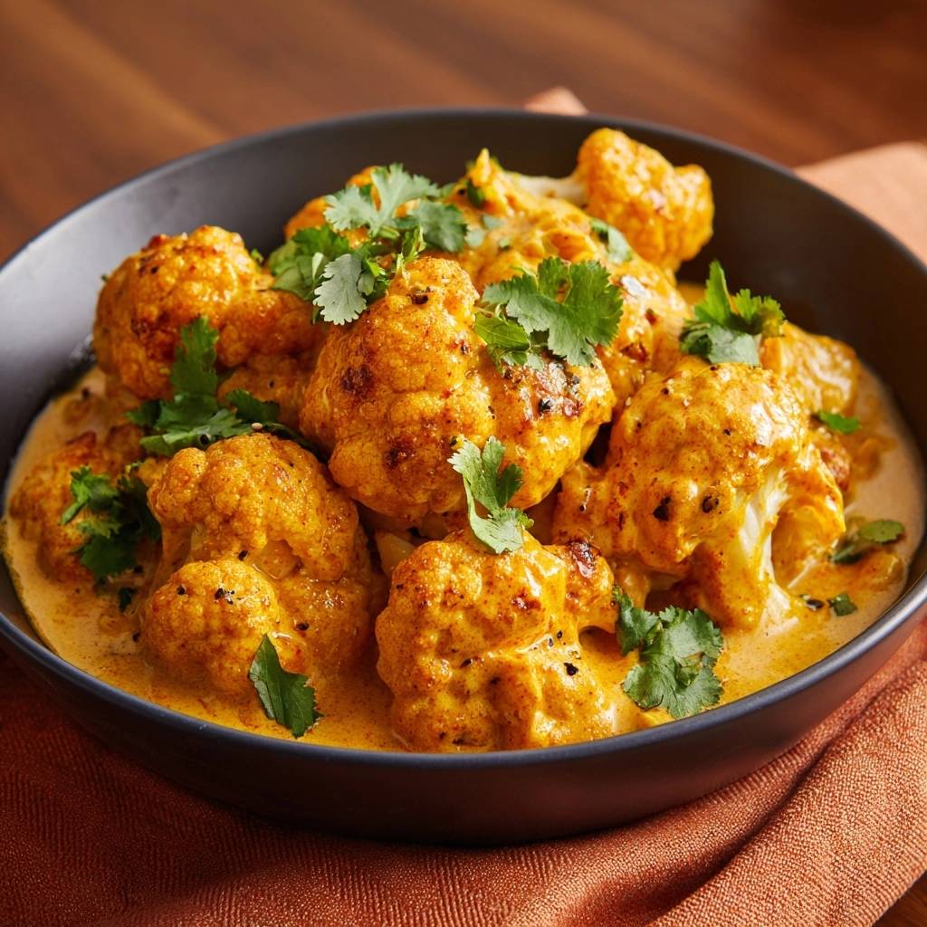 Cremiges Blumenkohl Curry Draufsicht Serviert 1 Cremiges Blumenkohl-Curry, serviert in einer tiefen Schüssel, garniert mit frischem Koriander, bietet einen köstlichen Anblick.
