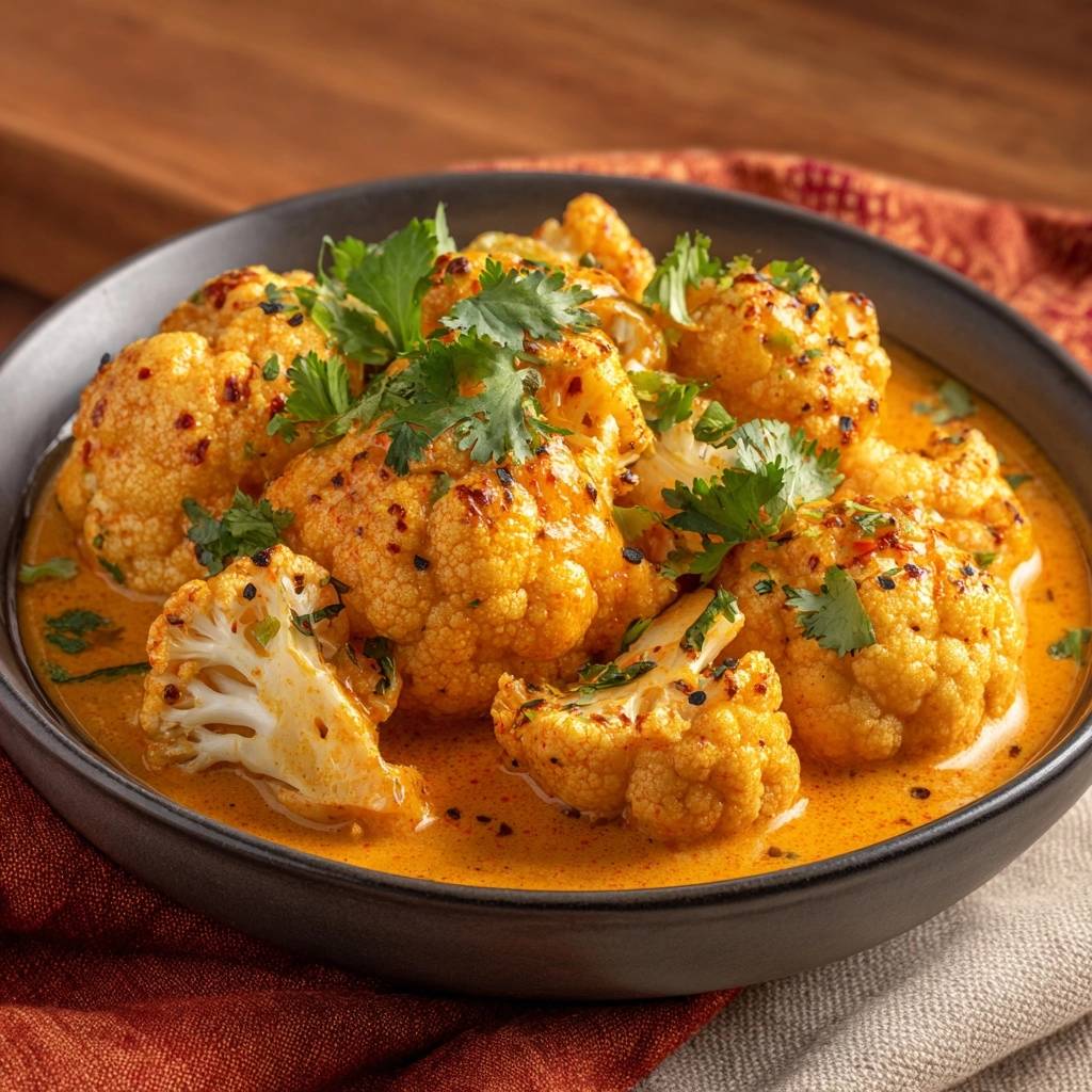 Cremiges Blumenkohl-Curry in einer schwarzen Schüssel serviert, garniert mit frischem Koriander und Gewürzen. Ein köstliches vegetarisches Gericht.