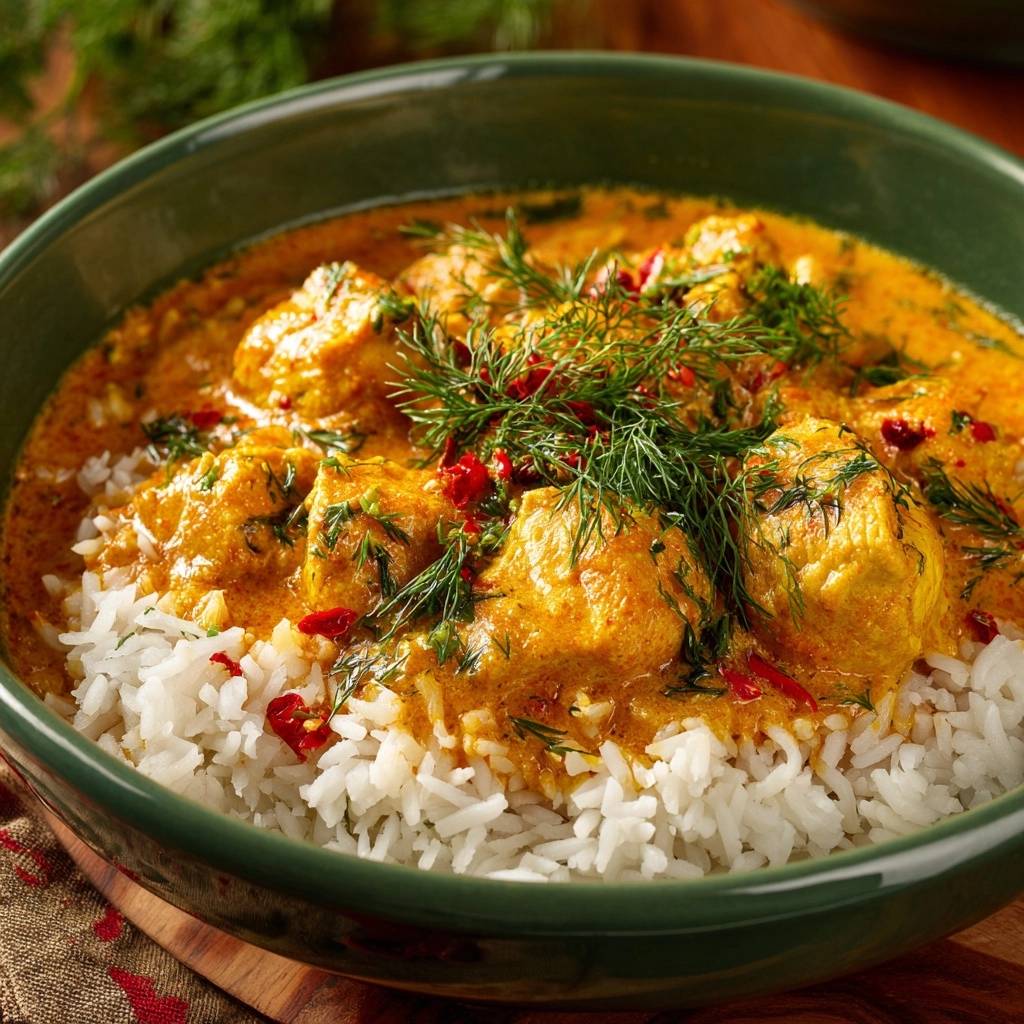 Cremiges Curry-Hähnchen mit Dill, frisch serviert in einer grünen Schüssel, garniert mit Dill und roten Chiliflocken.