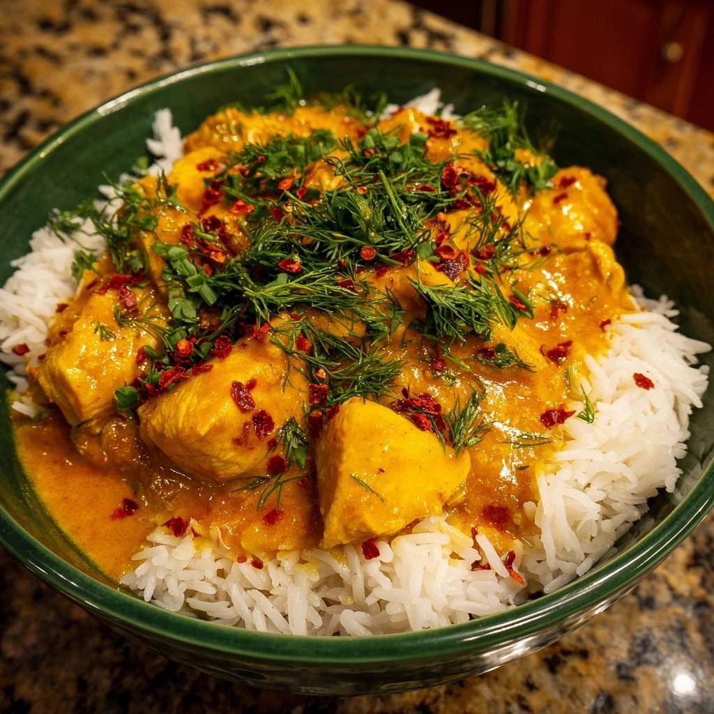 Cremiges Curry-Hähnchen mit Dill, serviert in einer grünen Schüssel, garniert mit frischem Dill und roten Chiliflocken. Das Gericht steht auf weißem Reis.
