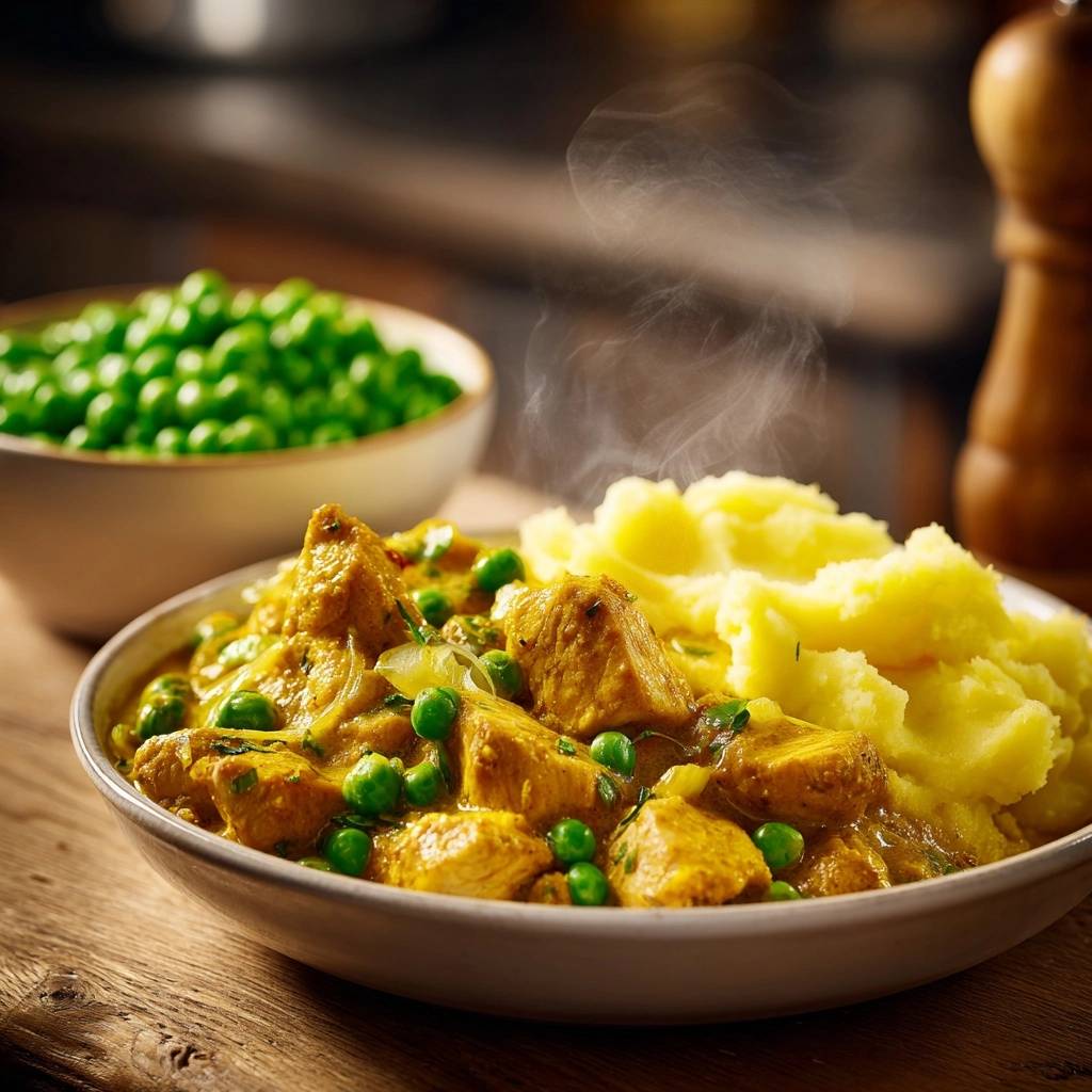 Cremiges Curry-Hähnchen mit Erbsen, serviert mit Kartoffelbrei und dampfend heiß, Nahaufnahme des Gerichts im Vordergrund.