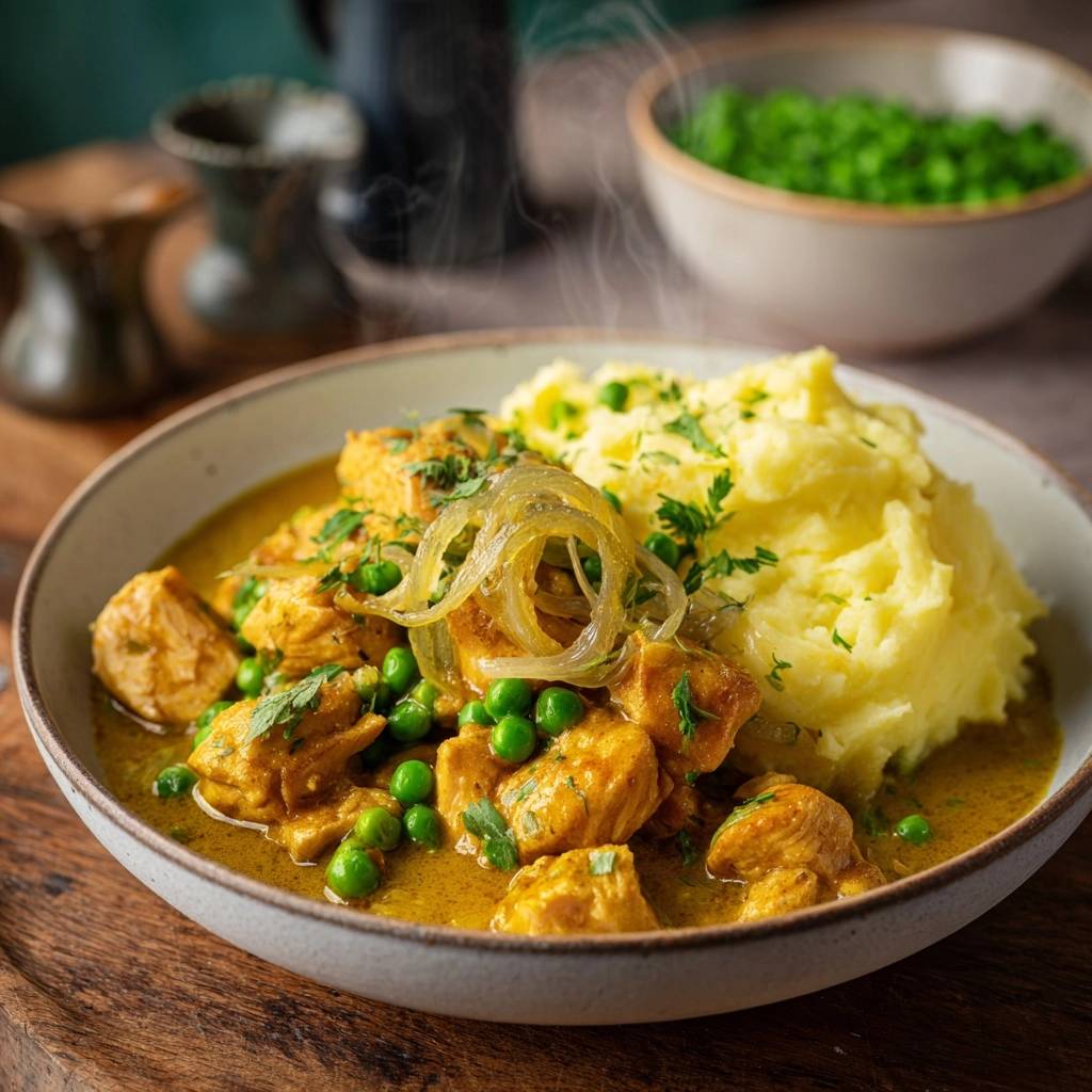 Cremiges Curry-Hähnchen mit Erbsen serviert in einer Schüssel, neben cremigen Kartoffelpüree und frischen Erbsen. Ein köstliches Mittagessen.
