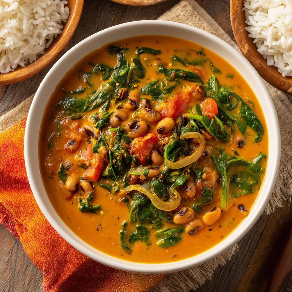 Cremiges Curry mit Schwarzaugenbohnen und Spinat in einer Schüssel, serviert mit Reis, aus der Vogelperspektive.