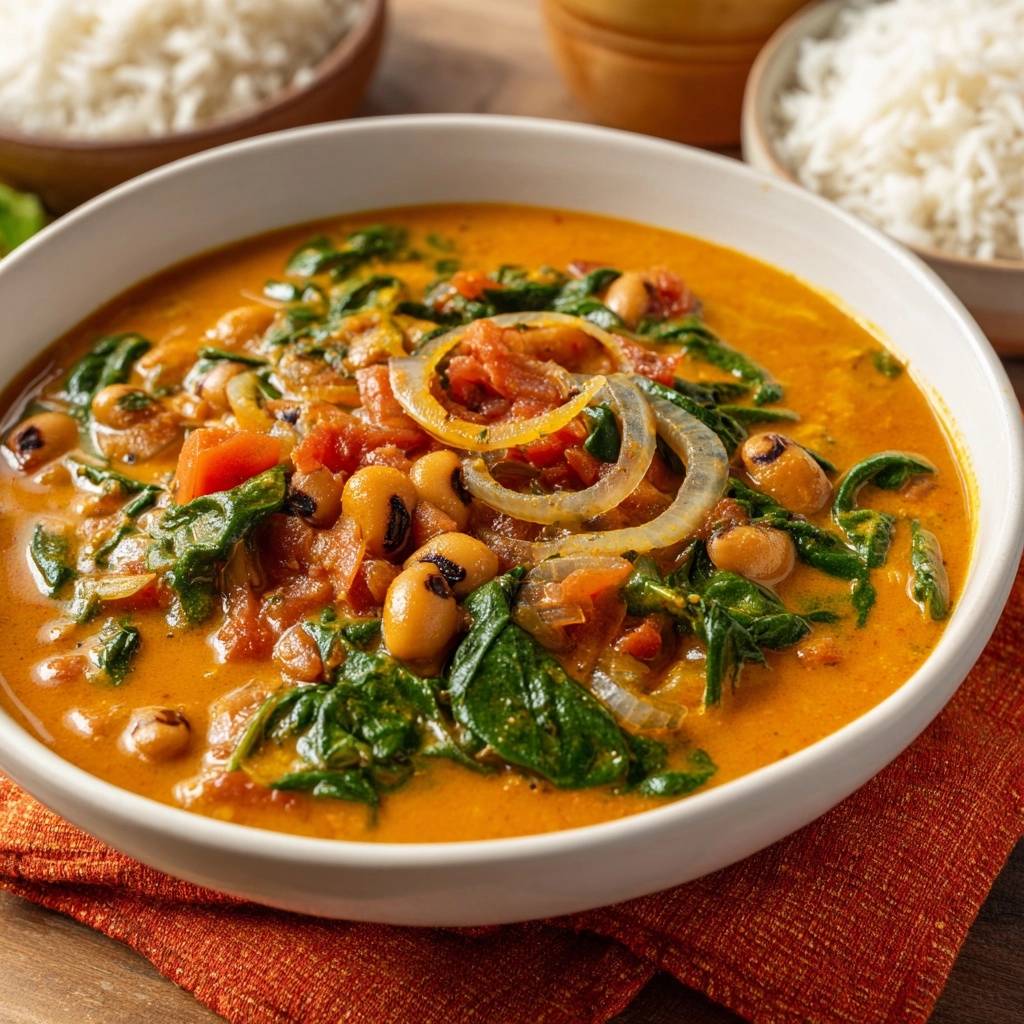 Cremiges Curry mit Schwarzaugenbohnen und Spinat in einer weißen Schüssel von oben gesehen, serviert mit Reis. Die cremige Textur ist deutlich sichtbar.