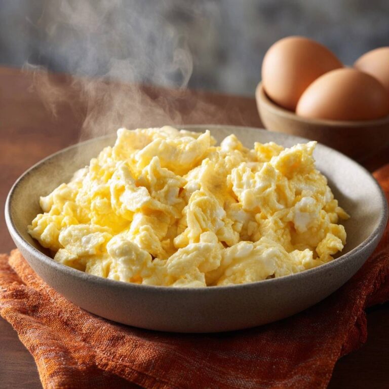 Cremiges Gourmet-Rührei wird in einer Schüssel serviert und dampft frisch. Der Blickwinkel zeigt die cremige Textur.