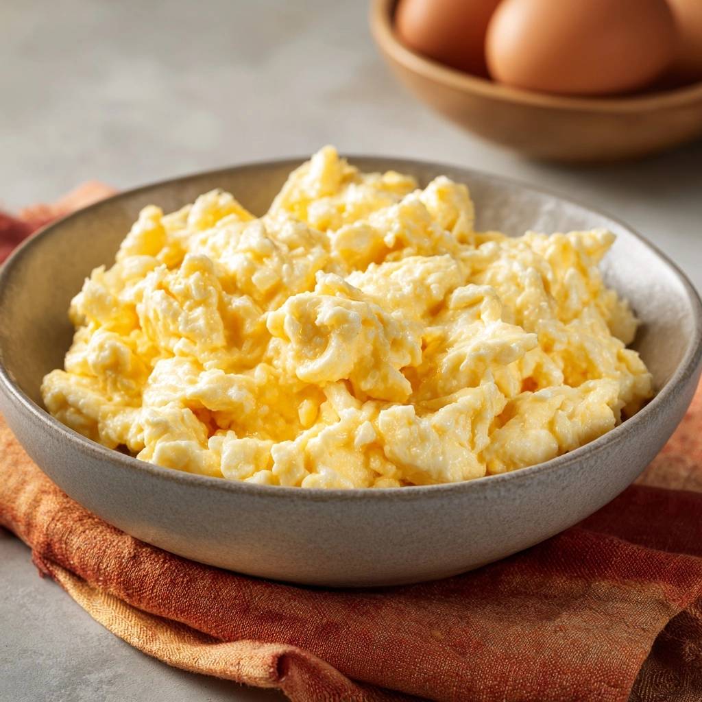 Cremiges Gourmet Ruehrei Nahaufnahme 1 Cremiges Gourmet-Rührei in einer Keramikschüssel, mit nahaufnahme der cremigen Textur und der perfekten Konsistenz.
