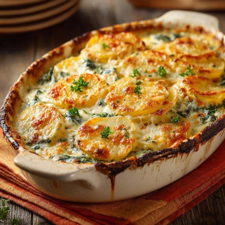 Cremiges Kartoffel-Spinat-Gratin von oben, frisch gebacken und goldbraun gratiniert, serviert in einer Auflaufform. Das Gratin ist mit frischer Petersilie garniert.