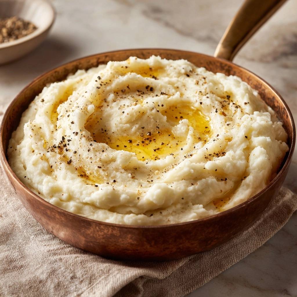 Cremiges Kartoffelpüree in einer Kupferpfanne, serviert mit geschmolzener Butter und frisch gemahlenem Pfeffer, von oben fotografiert.