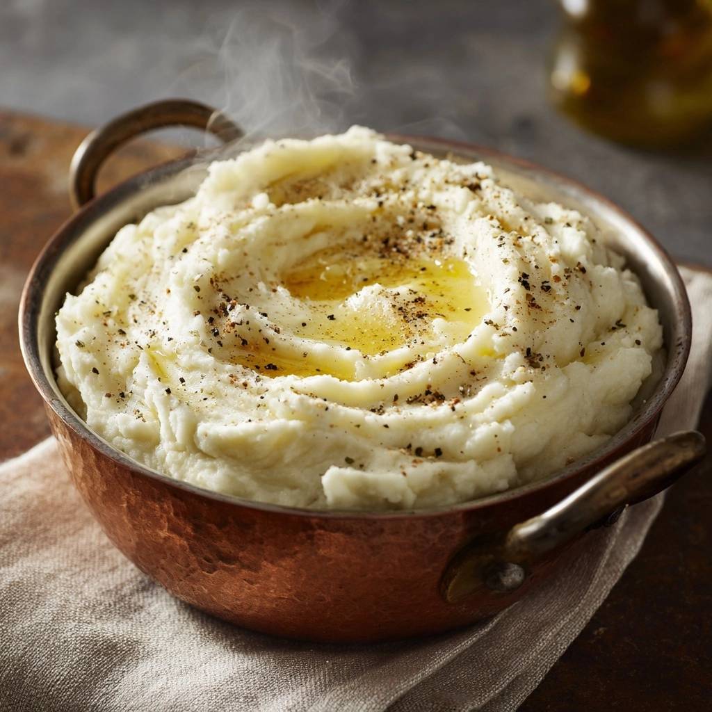 Cremiges Kartoffelpüree mit einem Klecks zerlassener Butter und frisch gemahlenem Pfeffer, dazu ein Hauch Dampf, der aufsteigt.