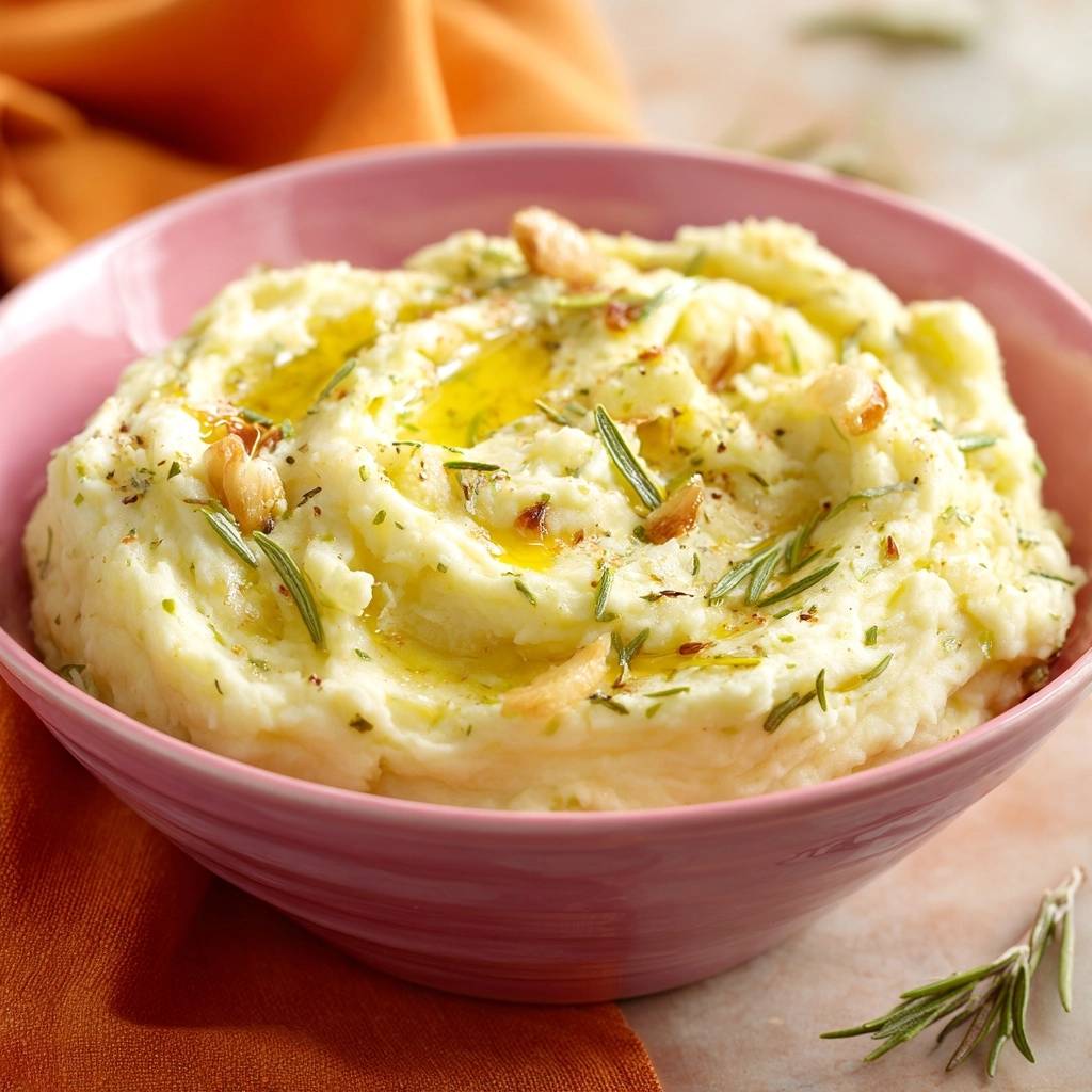 Cremiges Knoblauch Rosmarin Kartoffelpuree Draufsicht 1 Cremiges Knoblauch-Rosmarin-Kartoffelpüree in einer pinken Schüssel, serviert und mit frischen Kräutern und Knoblauch garniert.