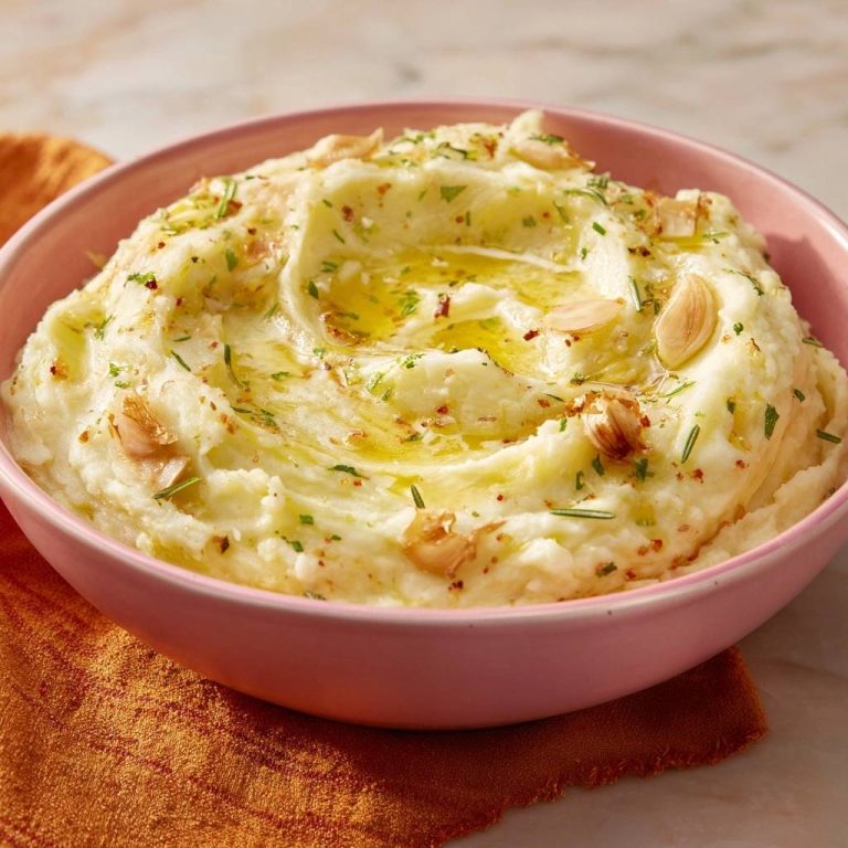 Cremiges Knoblauch-Rosmarin-Kartoffelpüree in einer rosa Schüssel serviert, garniert mit frischen Kräutern und Knoblauchzehen.