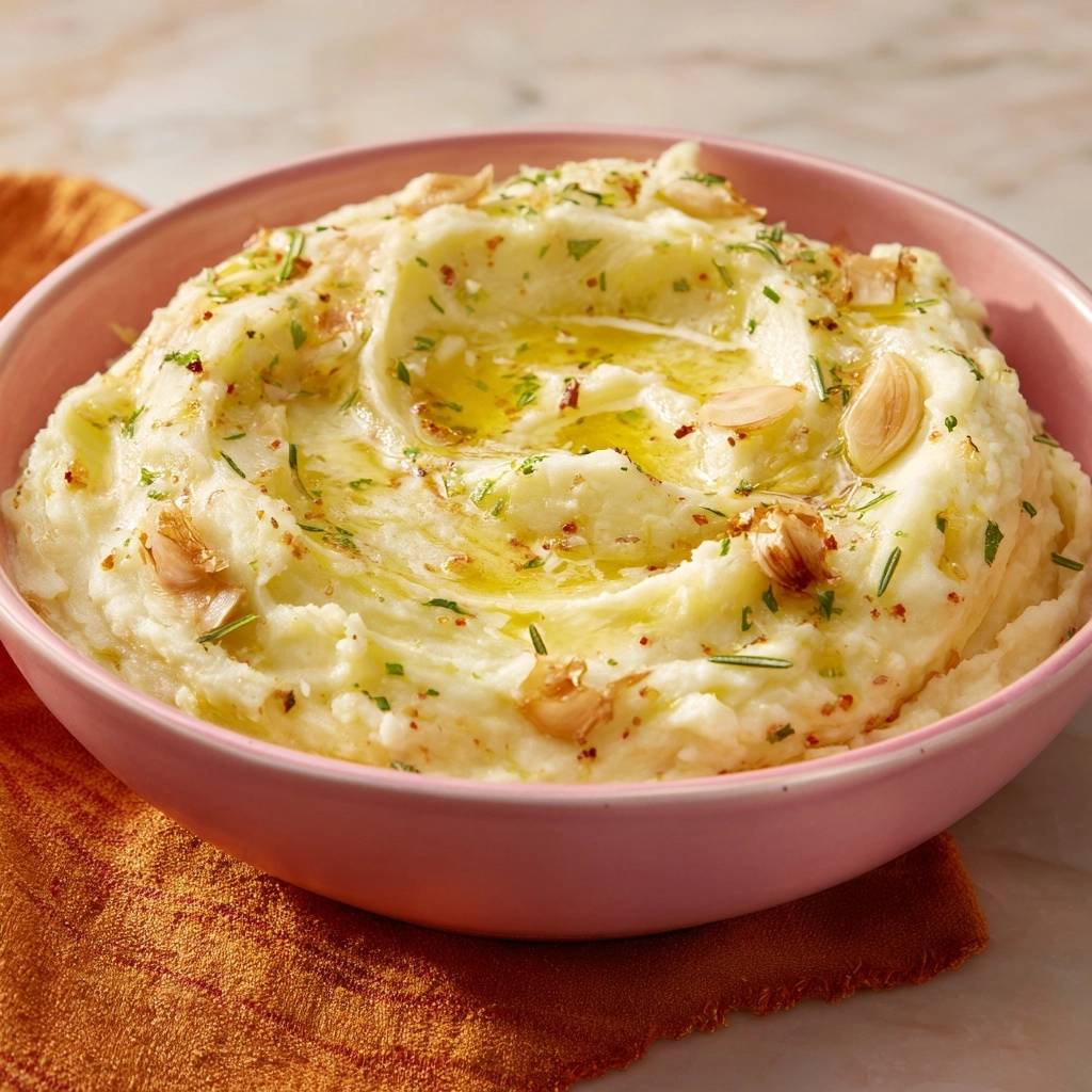 Cremiges Knoblauch-Rosmarin-Kartoffelpüree in einer rosa Schüssel serviert, garniert mit frischen Kräutern und Knoblauchzehen.