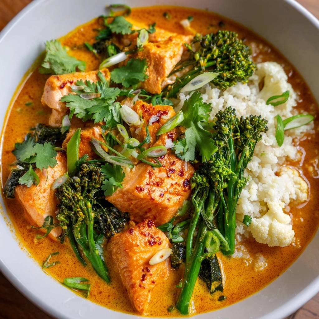 Cremiges Rotes Hahnchen Curry Draufsicht Serviert 1 Cremiges rotes Hähnchen-Curry, serviert in einer Schüssel, garniert mit frischen Kräutern und knackigem Gemüse.