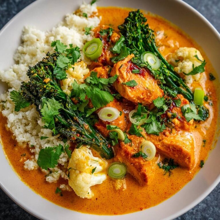 Cremiges Rotes Hähnchen-Curry serviert in einer Schüssel, garniert mit frischen Kräutern und Frühlingszwiebeln.