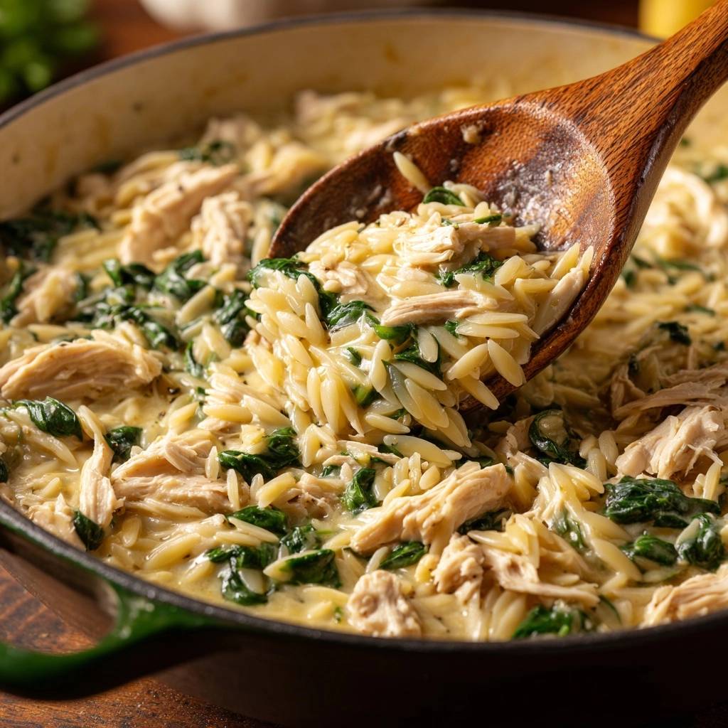 Cremiges Zitronen-Hähnchen-Orzo in Nahaufnahme, serviert mit einem Holzlöffel, der die cremige Textur zeigt.