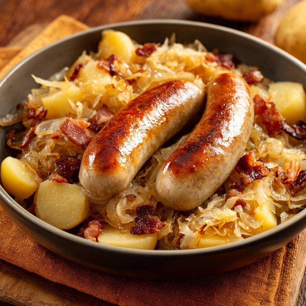 Deftige Bratwurst-Pfanne mit Sauerkraut in einer Schüssel, serviert mit goldbraunen Bratwürsten und knusprigem Speck.