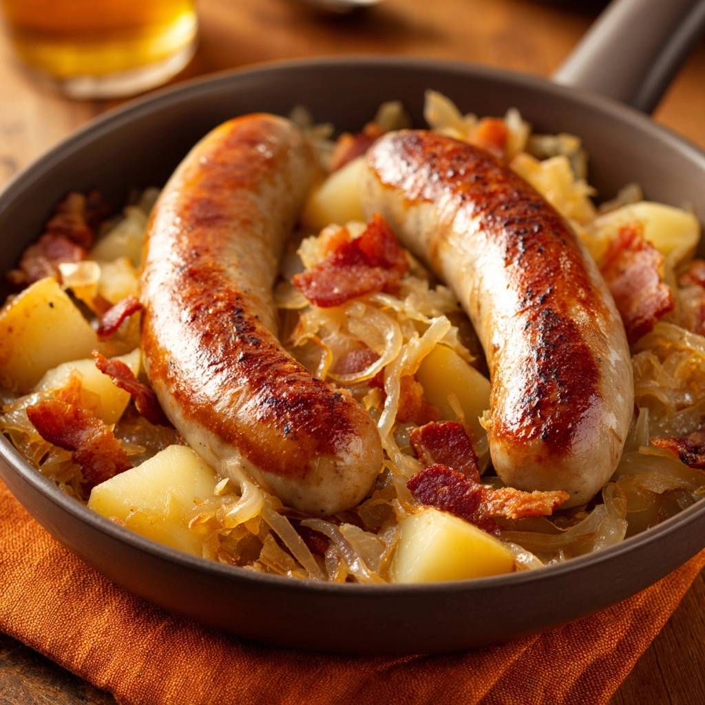 Deftige Bratwurst-Pfanne mit Sauerkraut, serviert in einer Pfanne, mit goldbraunen Bratwürsten, Speck und Kartoffeln von oben gesehen.