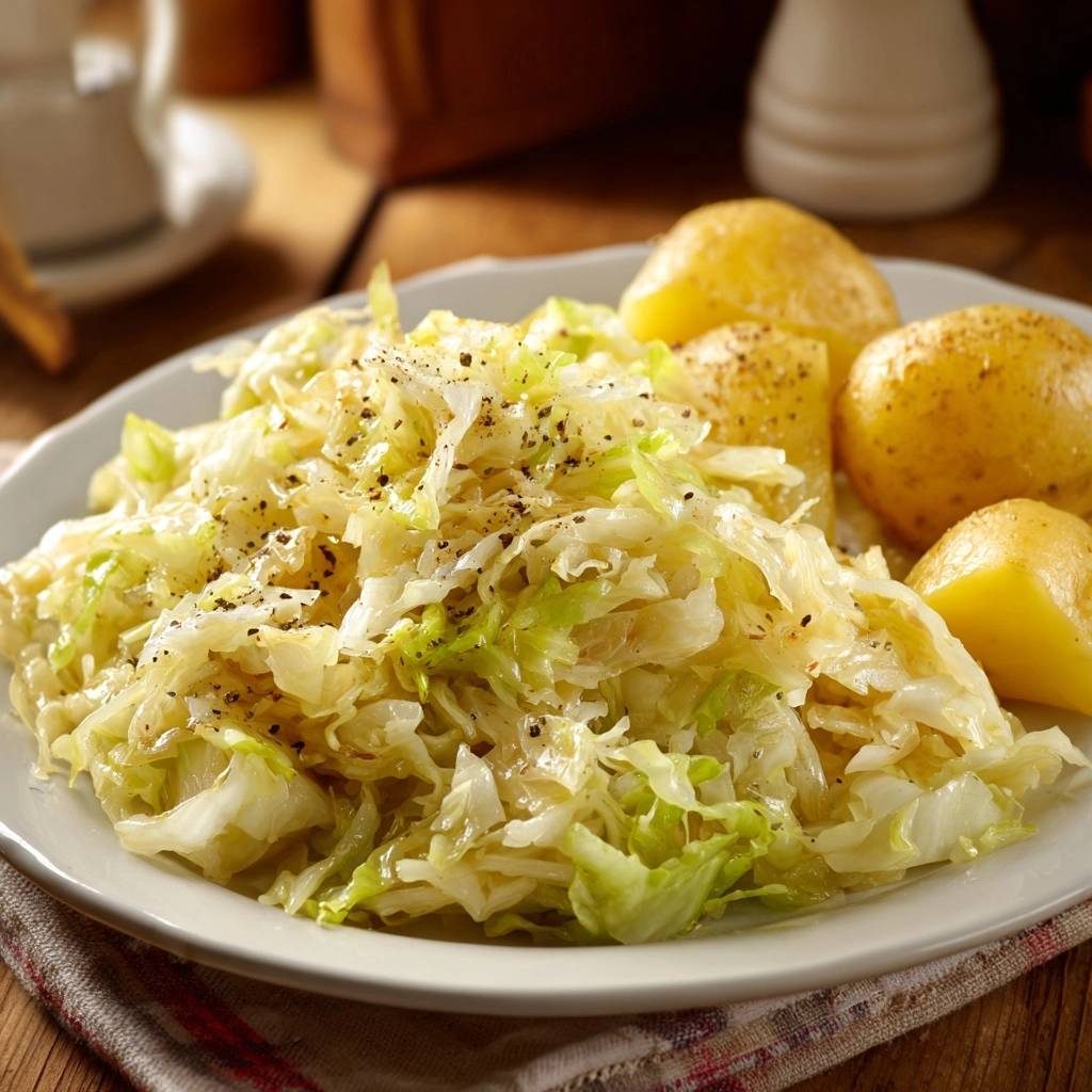 Deftiger Schmorkohl mit Salzkartoffeln serviert auf einem weißen Teller, garniert mit Pfeffer, perfekt für ein herzhaftes Essen.