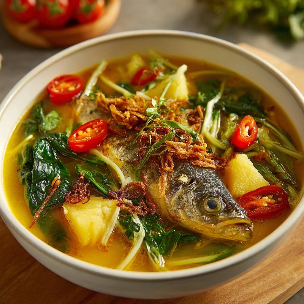 Exotische Fischsuppe Mit Ananas Und Chili Nahaufnahme 1 Exotische Fischsuppe mit Ananas und Chili in Nahaufnahme, garniert mit knusprigen Zwiebeln und frischen Chiliringen.