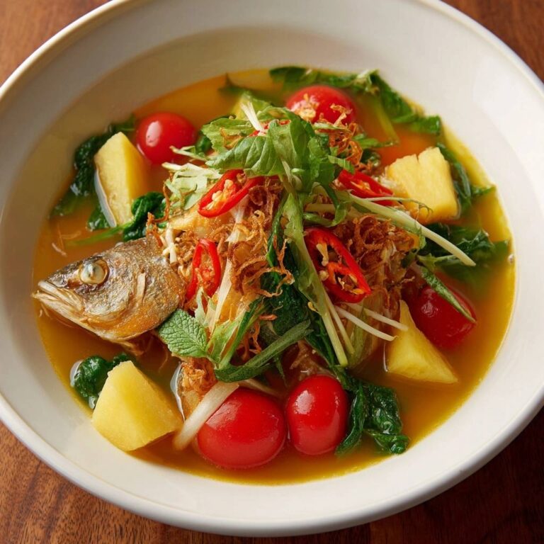 Exotische Fischsuppe mit Ananas und Chili serviert in einer weißen Schüssel, garniert mit frischen Kräutern und roten Chilischoten.