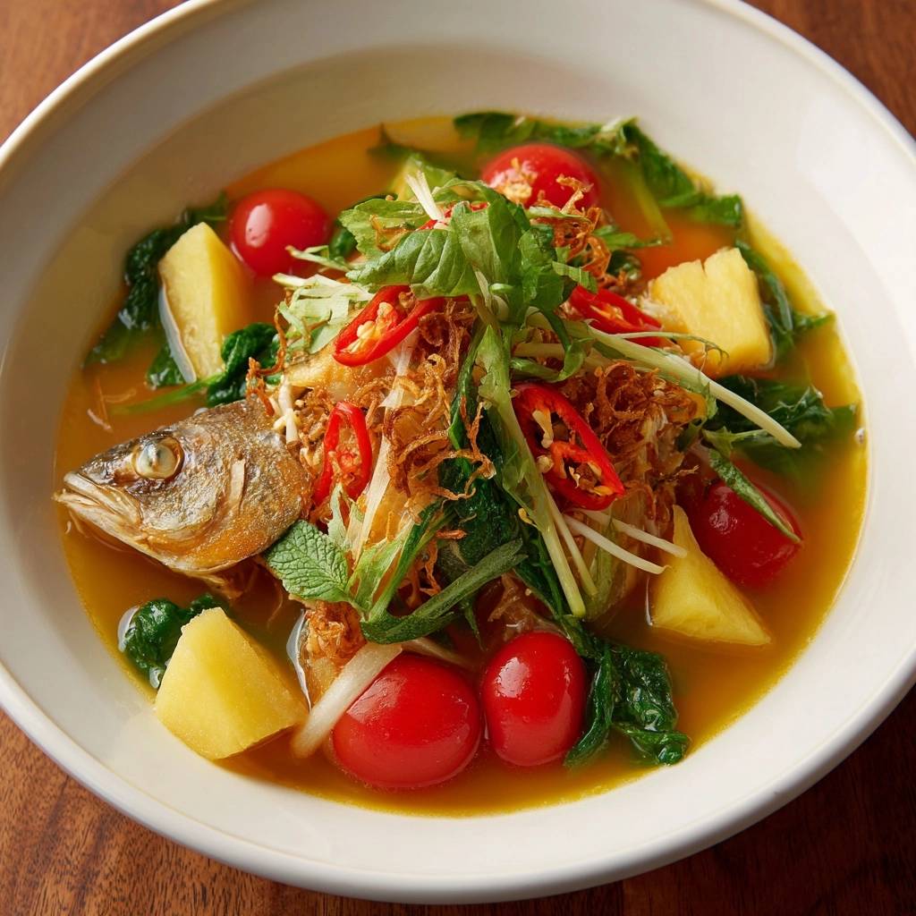 Exotische Fischsuppe mit Ananas und Chili serviert in einer weißen Schüssel, garniert mit frischen Kräutern und roten Chilischoten.