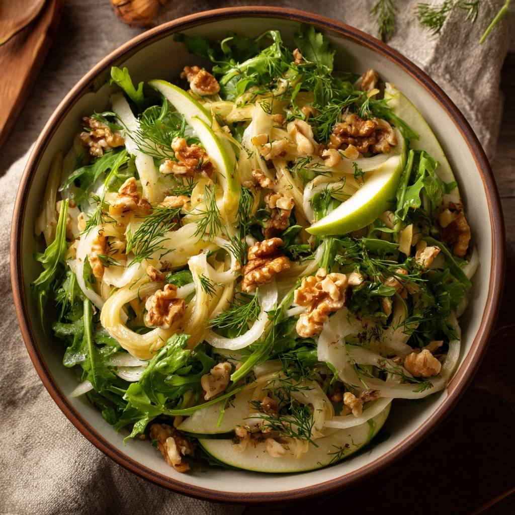 Frischer Fenchel-Apfel-Salat mit Walnüssen in einer Schüssel von oben gesehen, mit knackigen Zutaten und Walnusskernen.
