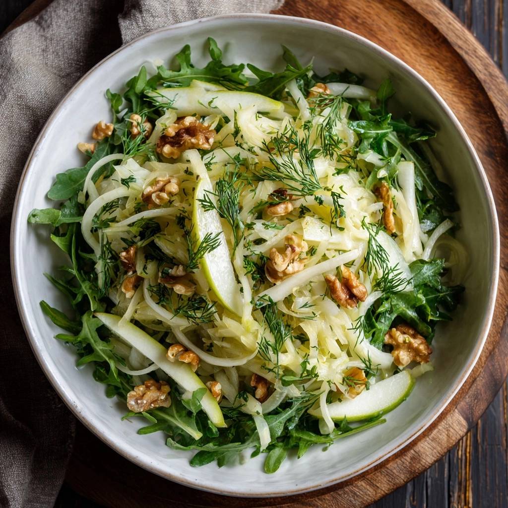 Frischer Fenchel-Apfel-Salat mit Walnüssen in einer Schüssel, von oben betrachtet, mit knackigen Zutaten und frischen Kräutern.