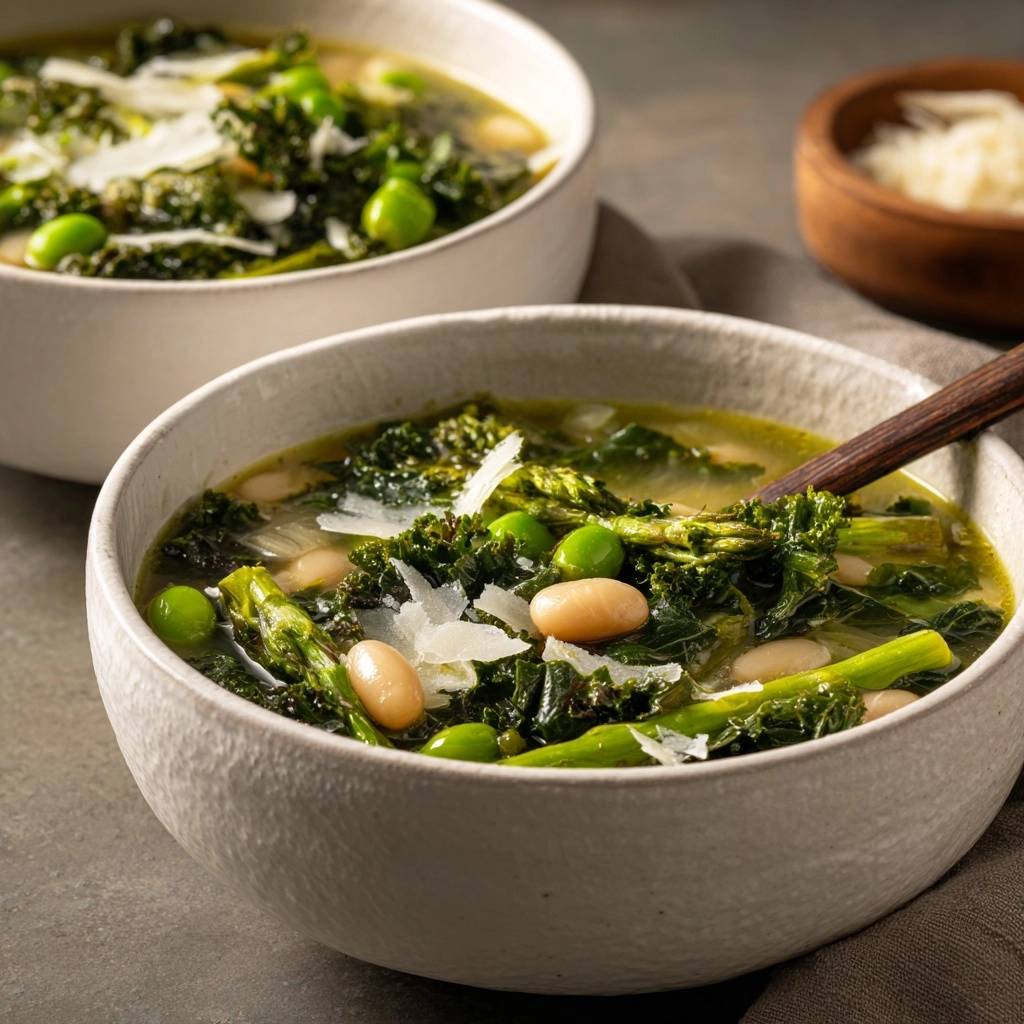 Frühlingsgrüne Gemüsesuppe serviert in einer Schüssel, garniert mit Parmesan. Genießen Sie diese herzhafte Suppe mit frischem Gemüse und Bohnen.