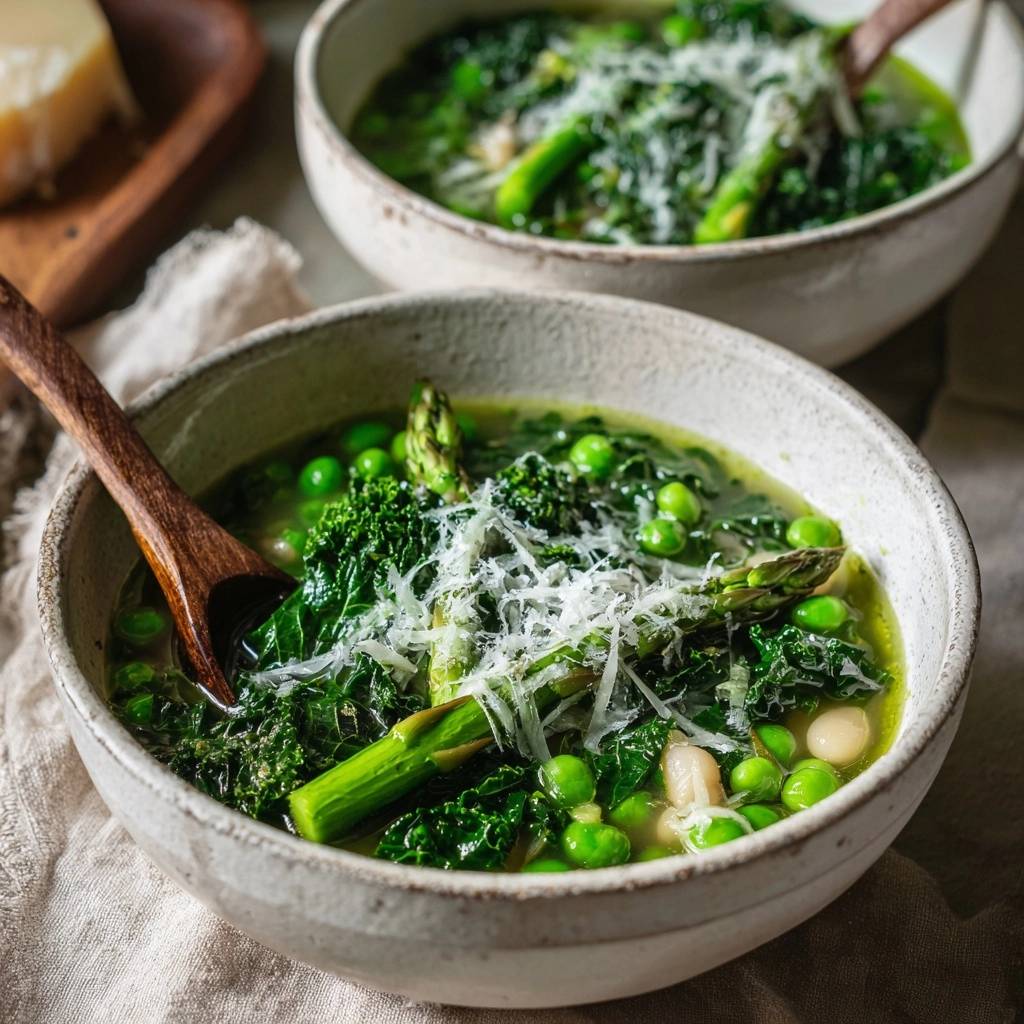 Frühlingsgrüne Gemüsesuppe serviert in rustikalen Schalen, garniert mit geriebenem Käse und frischem Gemüse. Ein herzhaftes, grünes Gericht.