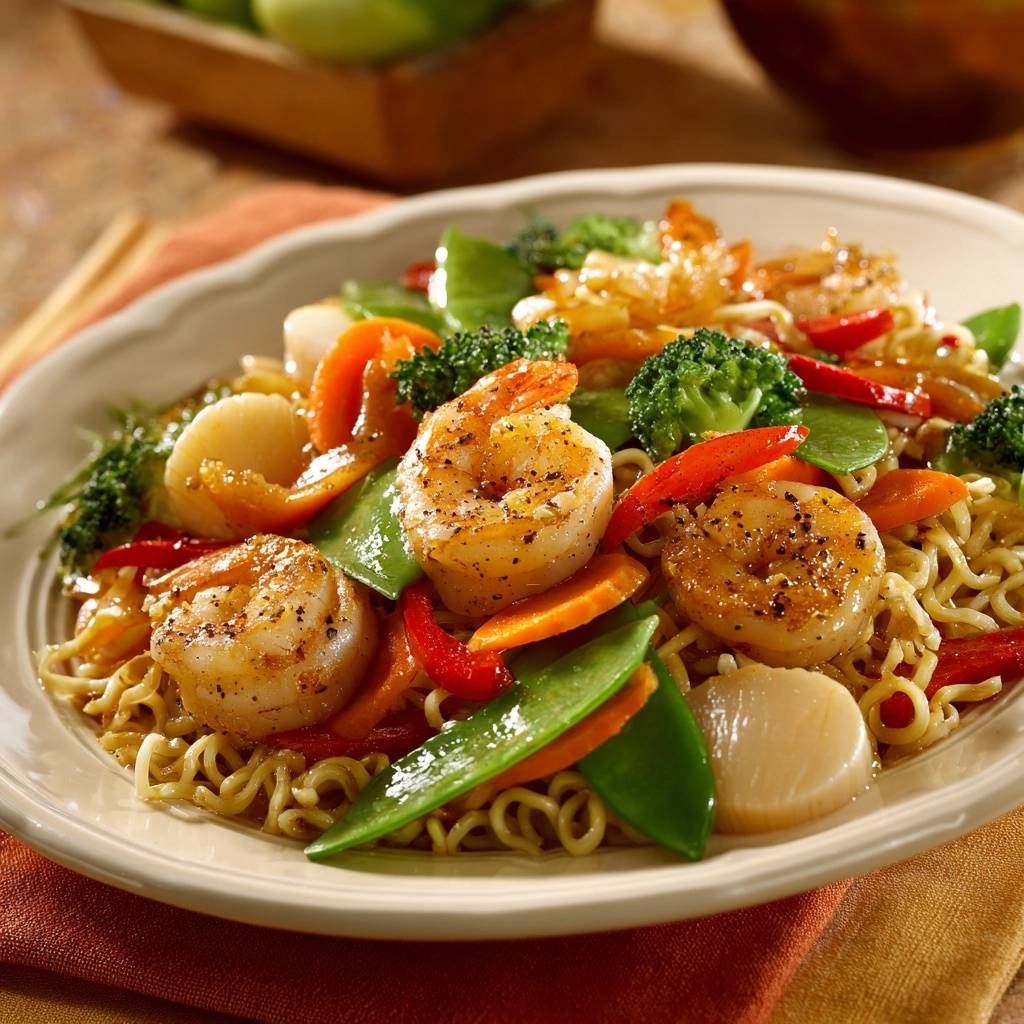 Garnelen Gemuese Wok Mit Mie Nudeln Serviert 1 Garnelen-Gemüse-Wok mit Mie-Nudeln serviert auf einem Teller. Köstliche gebratene Garnelen, Gemüse und Nudeln in Nahaufnahme.
