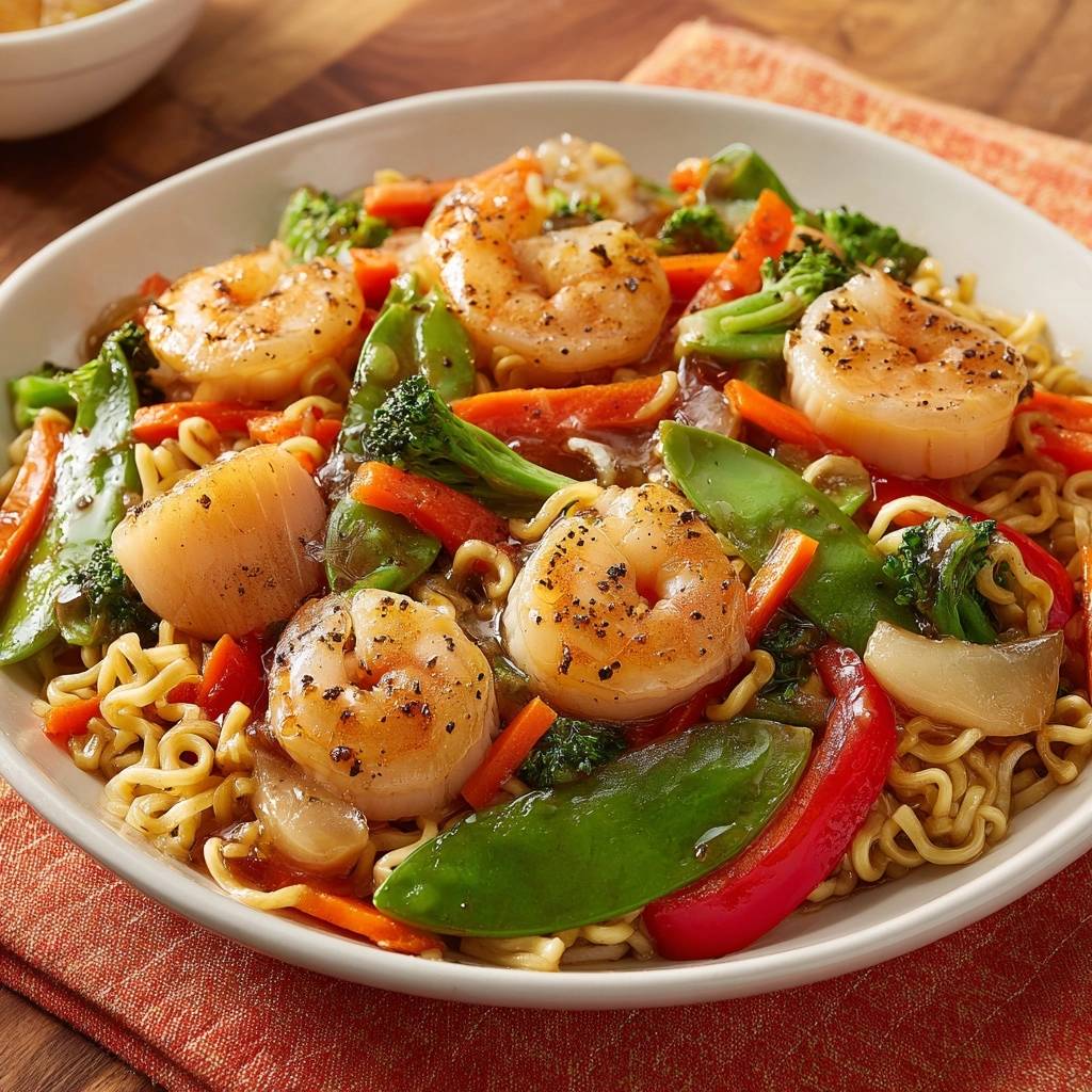 Garnelen-Gemüse-Wok mit Mie-Nudeln serviert in einer weißen Schüssel, garniert mit frischem Gemüse und perfekt gebratenen Garnelen.