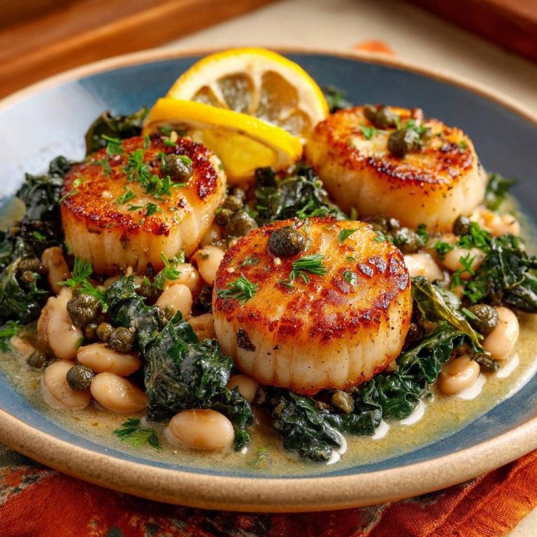 Gebratene Jakobsmuscheln auf Grünkohl und weißen Bohnen, serviert in Nahaufnahme, garniert mit Kapern und frischer Petersilie auf einem blauen Teller.