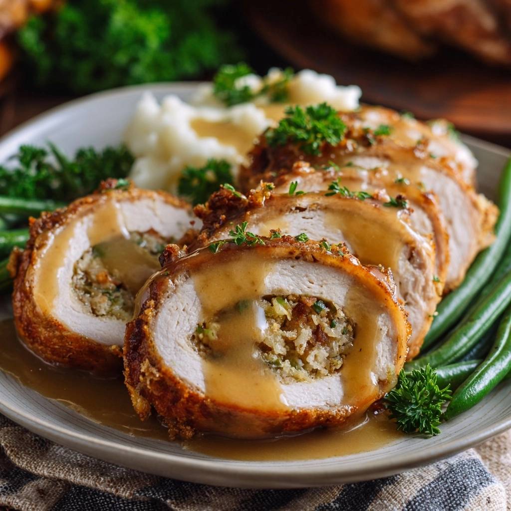 Gefüllte Hähnchenrouladen mit Kräuterpanade in Nahaufnahme, serviert mit Soße. Der Anschnitt zeigt die saftige Füllung.
